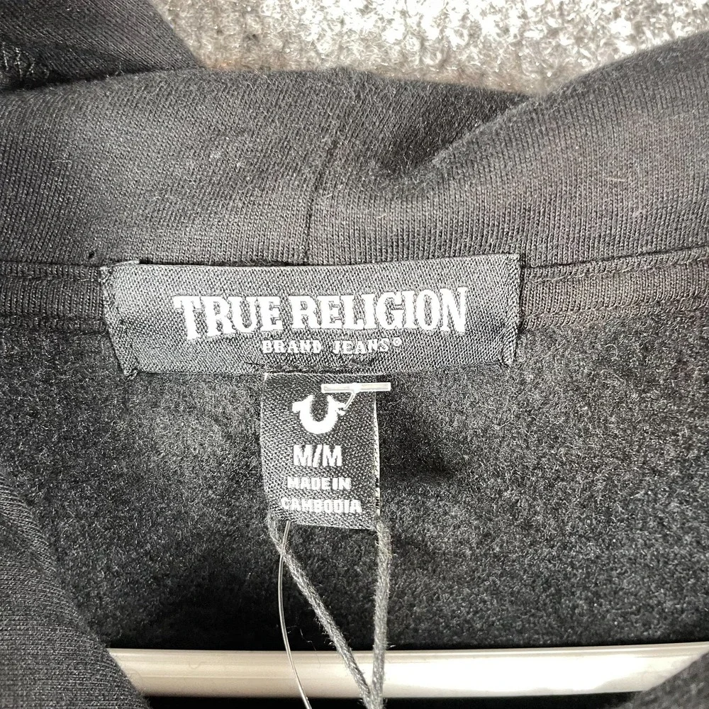 True Religion Hoodie Mens Medium Black Pullover Sweatshirt Buddha Spell Out $119